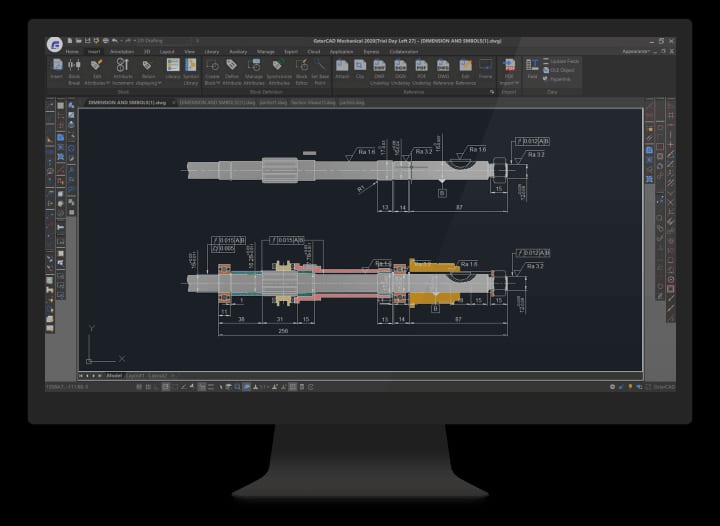 GstarCAD Mechanical interface — shaft with GD&T tolerances